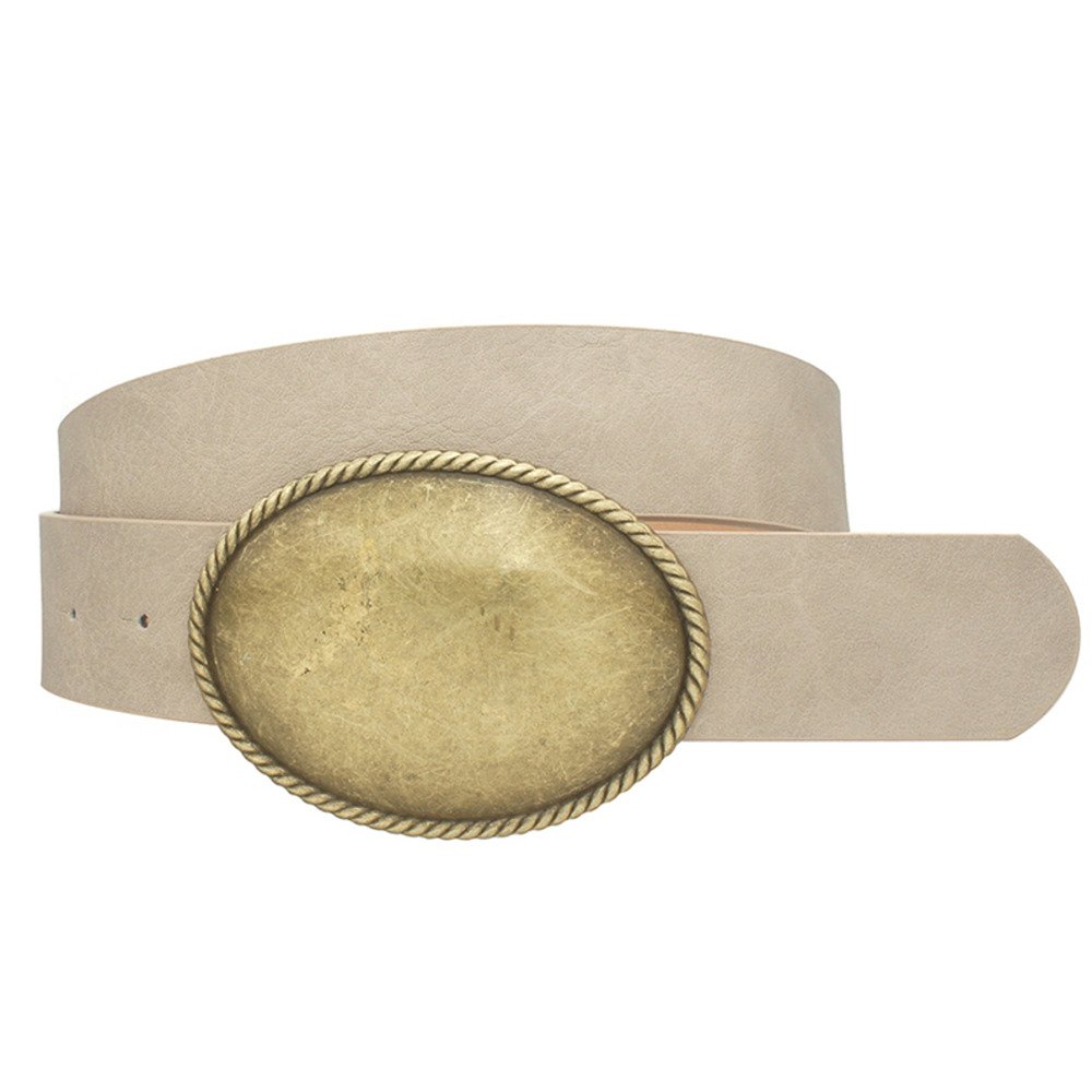 Taupe Western Rope Trim Vegan Leather Belt with Oval Burnished Gold Buckle